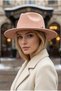 Women's Powder Pink Wide Brim Hard Felt Fedora Hat with Metal Buckle Belted Panama Cowboy Winter Hat