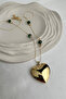 Gold Color Green Bead Detailed Heart Pendant Long Necklace (55cm) - 2