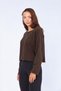 Women's Coffee Color Boat Neck Spanish Sleeve Three Thread Sweatshirt with Dirty Stitching Detail - 2