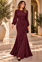 Women's Long Sleeve Ruffle Fishtail Crepe Evening Dress for Wedding Henna Engagement