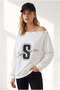 Women's White Bird's Eye Detail Unlined Off-Shoulder Sweatshirt Swt-19000802