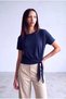 Women's Navy Blue Viscose Crew Neck Off-Shoulder Short Sleeve Side Tie Drawstring Blouse Vera - 5