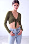 Women's Khaki Cotton V-Neck Long Sleeve Crop Blouse Brid