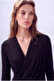 Women's Black Viscose Blended V-Neck Long Sleeve Asymmetrical Cut Front Draped Shawl Collar Back Long t Demi - 3