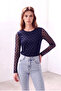Women's Navy Blue Tulle Crew Neck Long Sleeve Lined Blouse Salome - 4