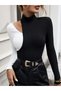 Women's long sleeve turtleneck ribbed knit top with geometric shoulder detail and two-tone design - 4
