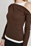 Women's Coffee Color Ribbed Blouse with Boat Neck Inside Blouse - 3
