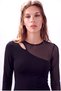 Women's Black Cotton Asymmetrical Collar Long Sleeve Transparent Tulle Detailed Blouse Naomi - 4