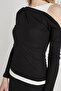 Women's Black Boat Neck Ribbed Blouse with Inner Blouse - 5
