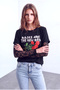 Women's Black Cotton Crew Neck Lace Sleeve Rose Printed T-Shirt Vanessa - 2