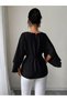 Women's long sleeve crew neck batwing sleeve belted waist satin blouse - 3