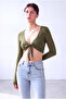 Women's Khaki Cotton V-Neck Long Sleeve Crop Blouse Brid - 5