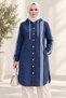 Women's Hooded Striped Detailed Buttoned Navy Blue Denim Jacket