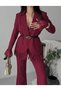 Women's Sleeves Lace Detailed Jacket Trousers Suit Burgundy - 4