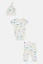 Toddlers Boy 3 Pcs Animal Print Bodysuit And Bottom With Beanie Set, White - 3