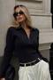 Women's Zippered Polo Collar Ribbed Knitwear Blouse