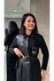 Women's Black Asymmetrical Leather Detailed Buttoned Long Dress Winter - Steel Knitted Fabric Belted Buttoned Long Dress for Winter - 3
