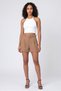Women Plain Basic Belted Shorts, Tan - 2