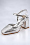 Women's Silver Metallic Knitted Textured 7 cm Heeled Ankle Strap Thick Heeled Stylish and Elegant Shoes - 6