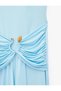 Shiny Sandy Fabric Accessories Gathered Slim Fit U-Neck Strap Long Dress - 7