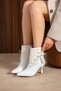 Ceria Women's White Pointed Toe Suede Decorated Lace-Up Detailed Zippered Goblet Heeled Short Boots Bootie - 2