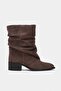 Farm Dark Beige Suede Leather Gathered Pointed Toe Thick Heel Women's Boots - 5
