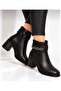 Women's Leather Chain Motif Stoned Buckle Heeled Ankle Boots Stylish Zippered Daily Boots