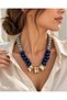 Gray Navy Blue Beaded Gold Color Detailed Women's Necklace – Modern Design Stylish and Showy Stone Necklace - 8