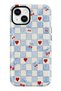 iPhone 15 Compatible - Blue and White Checkered Red Hearts, Double Layer Cover, Glossy Surface Protective Case