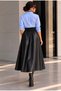 Women's Leather High Waist Elastic Flared Cut Ankle Length Long Skirt - 3