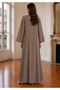Taupe & Ivory 3-Piece Crepe Abaya Set with Geometric Neckline & Striped Sleeves - 6