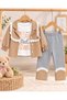 Baby Girl 3 Piece Set Plaid Patterned Lace Detailed Cardigan Printed T-Shirt and Trousers - 5