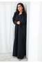 Black Victoria Satin Abaya with Puff Shoulders and Threadwork - 4