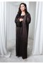 Embellished Dark Brown Silk Abaya with Self-Print with Headscarf - 2