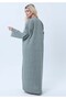 Sage Green Melange Linen Abaya with Intricate Lace Panel Detail - 5