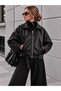 Women's Oversize Leather Jacket with Belt Detail - 2