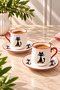 2-Person Porcelain Cat Patterned Red Gilded Coffee Cup Set 90ml