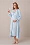Women's Blue Long-Sleeved Maternity Nightgown Set with Piping, Easy for Breastfeeding, Includes Dressing Gown - 2