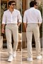 Men's Linen Look Beige Trousers - 4