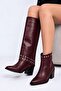 Siesta Women's Burgundy Leather Metal Stud Detailed 2-in-1 Versatile Detachable Below the Knee Boots 6.5 cm Heel - 2