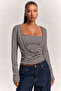 Square Neck Gathered Long Sleeve Blouse - 2