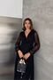 Women's Black Glittery Patterned Double-Breasted Lapel Draped Detailed Midi Asymmetric Dress Nbk5037 - 4