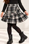 Girl's Gray Plaid Ruffled Soft Textured Cotton Skirt - Plaid Patterned Skirt