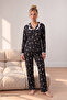 Black Floral Patterned Wrinkled Buttoned Ruffle Pajama Set 26223941-5 - 2