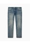 Men's Slim Fit Mid Waist Five-Pocket Flexible Logo Washed Denim Blue Jeans