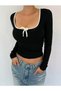 Women's Round Neck Ribbon Detail Cotton Long Sleeve Lycra Blouse - 6