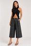 Women's Black Plaid Patterned Belted High Waist Pleated Wide Leg Capri Pants - 3