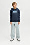Boy's Navy Blue Hooded Sweatshirt Printed Kangaroo Pocket Casual Top 12298237 - 3