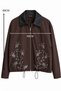 Leather-Collared Embroidered Parka Jacket Brown - 7