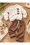 Boy's 2-Piece Set 100% Cotton 3-Ply Non-Iron Dog Print Ecru Sweatshirt and Striped Brown Trousers Stylish Casual Combination - 2